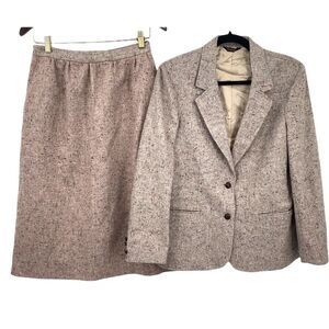 VTG Oscar De Le Renta Skirt Blazer Suit 13/14 Wool Tweed Tan Academia Career New